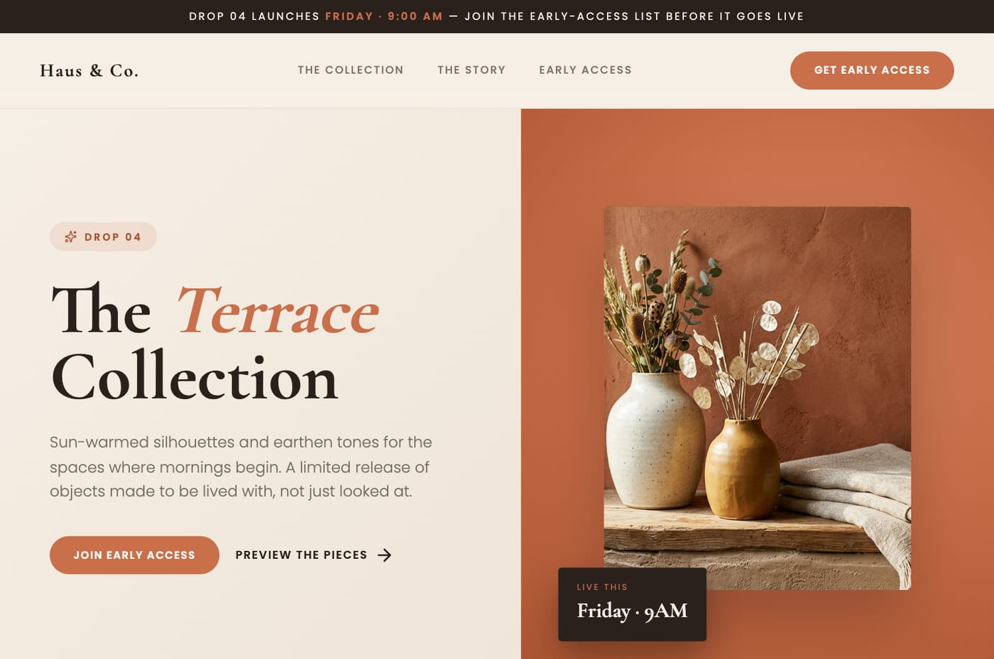 An editorial product-drop page with early-access signup, generated in Tented