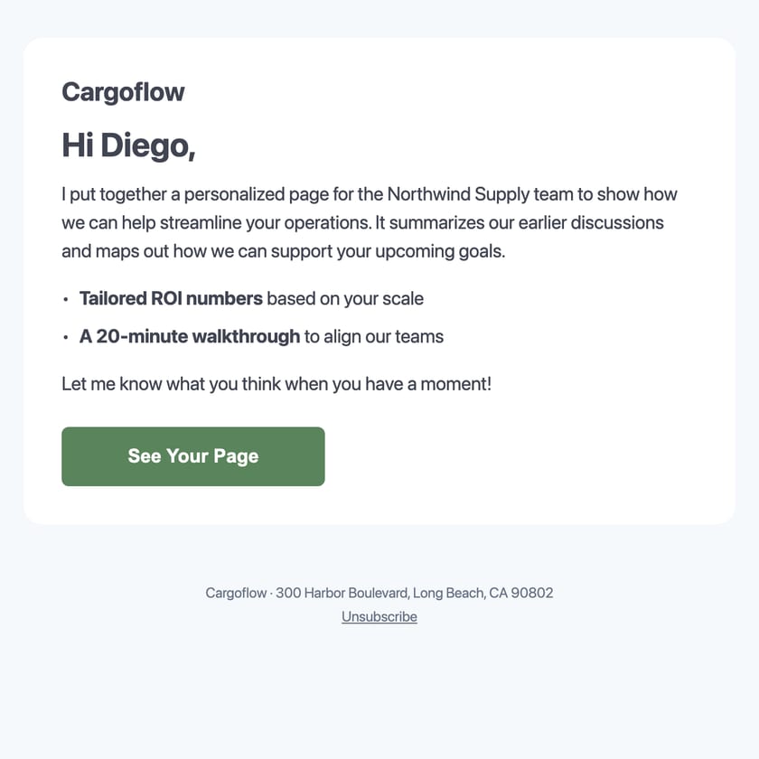 A personal 1:1 follow-up email from a rep linking to the account's microsite