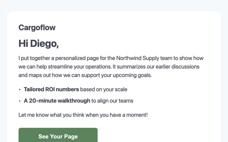 A personal 1:1 follow-up email from a rep linking to the account's microsite