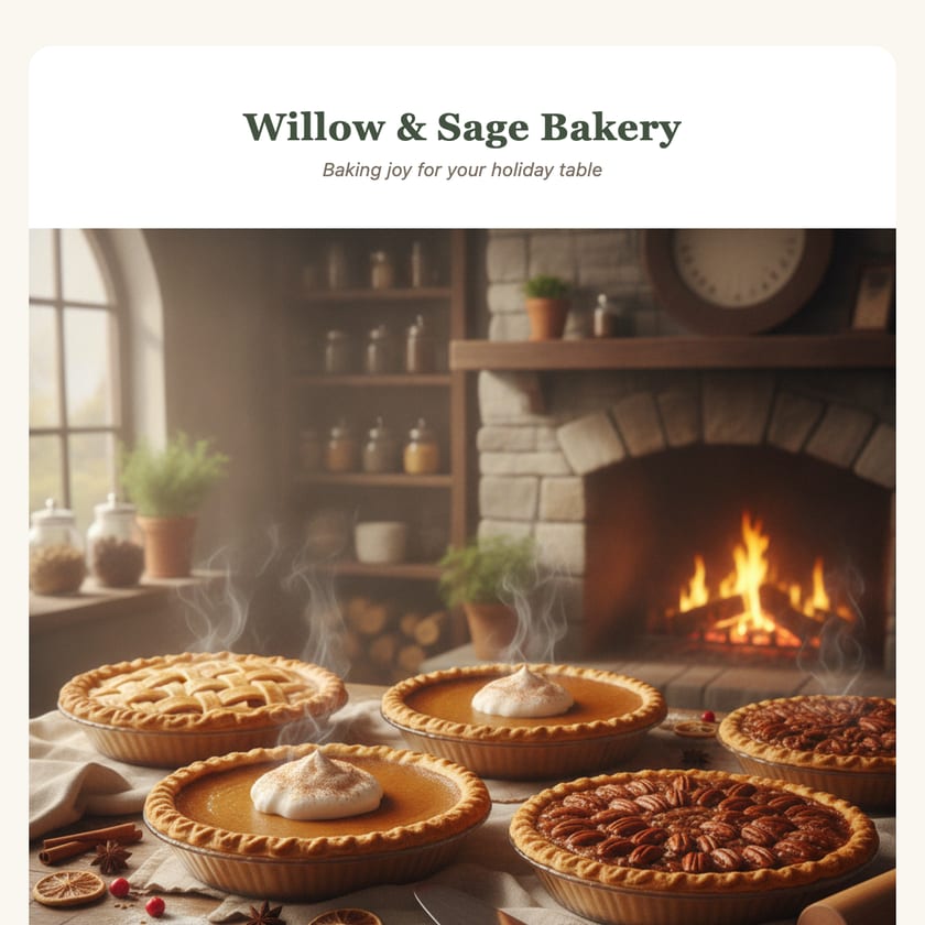 A bakery newsletter with an AI-generated photo of holiday pies