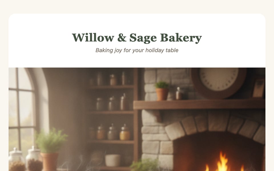 A bakery newsletter with an AI-generated photo of holiday pies