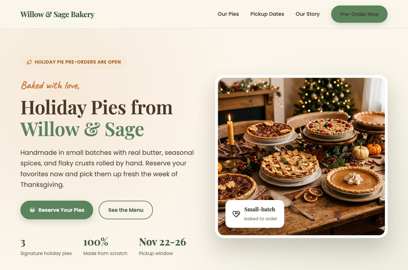 A cozy holiday pre-order page for a small bakery, generated from one prompt in Tented