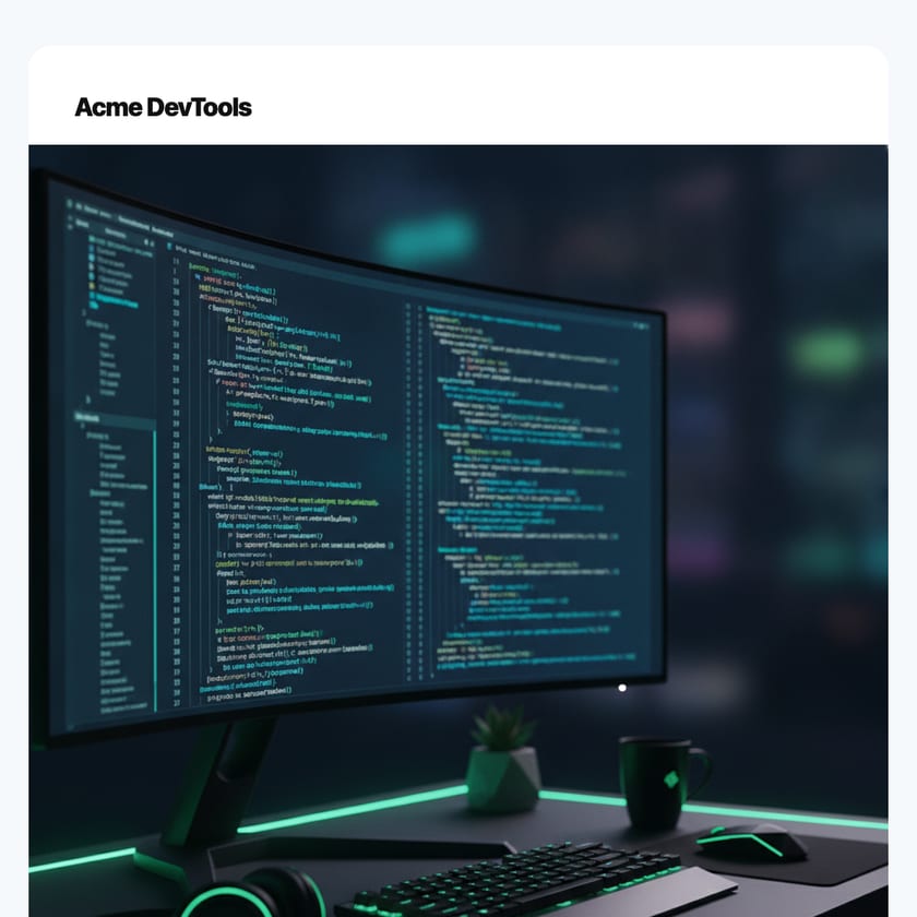 A changelog-style release email for Acme DevTools with a developer workstation hero