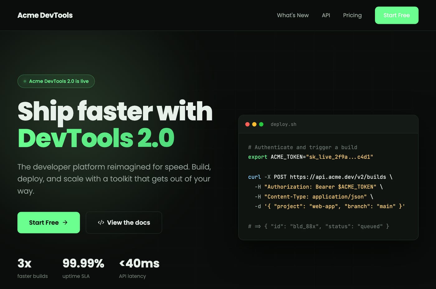 A dark-mode developer platform launch page with code snippet, generated in Tented