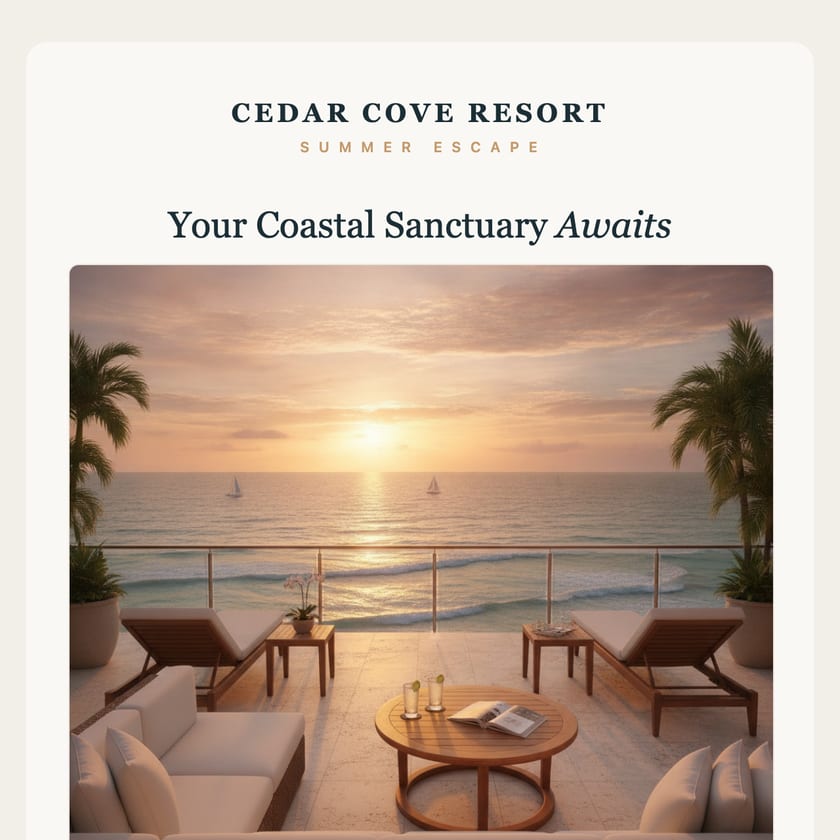 A seasonal resort promo email with an AI-generated ocean-view hero image