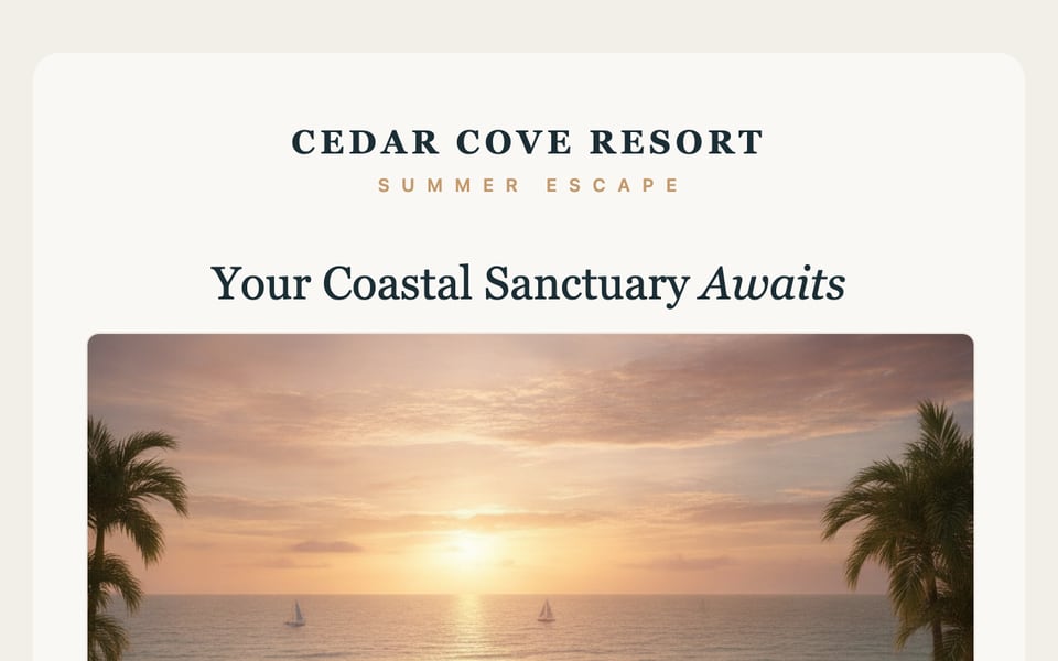 A seasonal resort promo email with an AI-generated ocean-view hero image