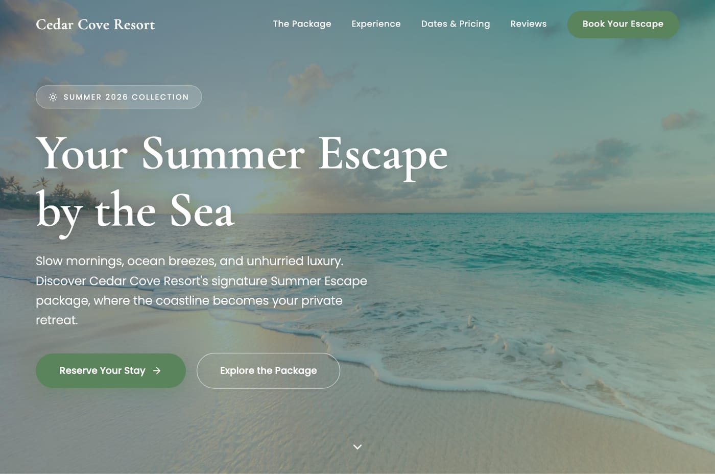 A resort's Summer Escape package page with booking-interest form, generated in Tented